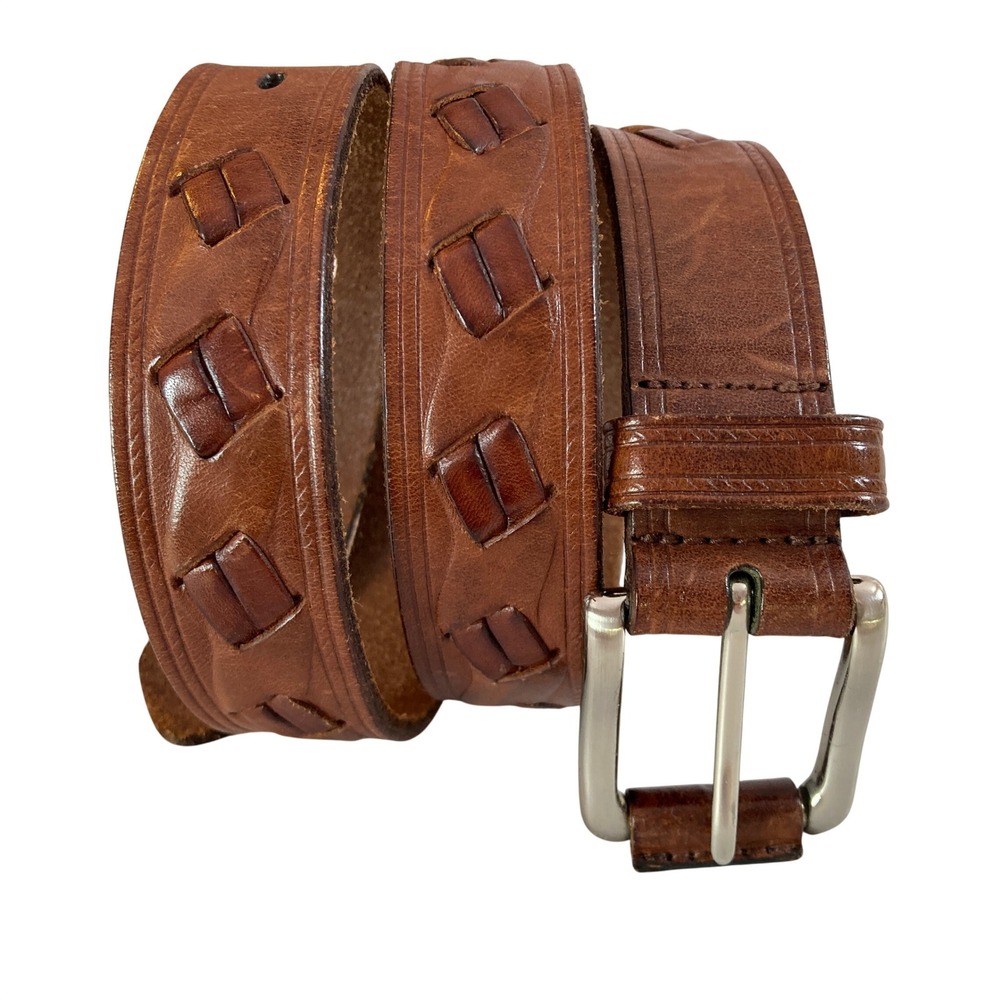 Amanda Smith Brown Genuine Leather Belt Braided Woven Silver Tone Buckle Size L